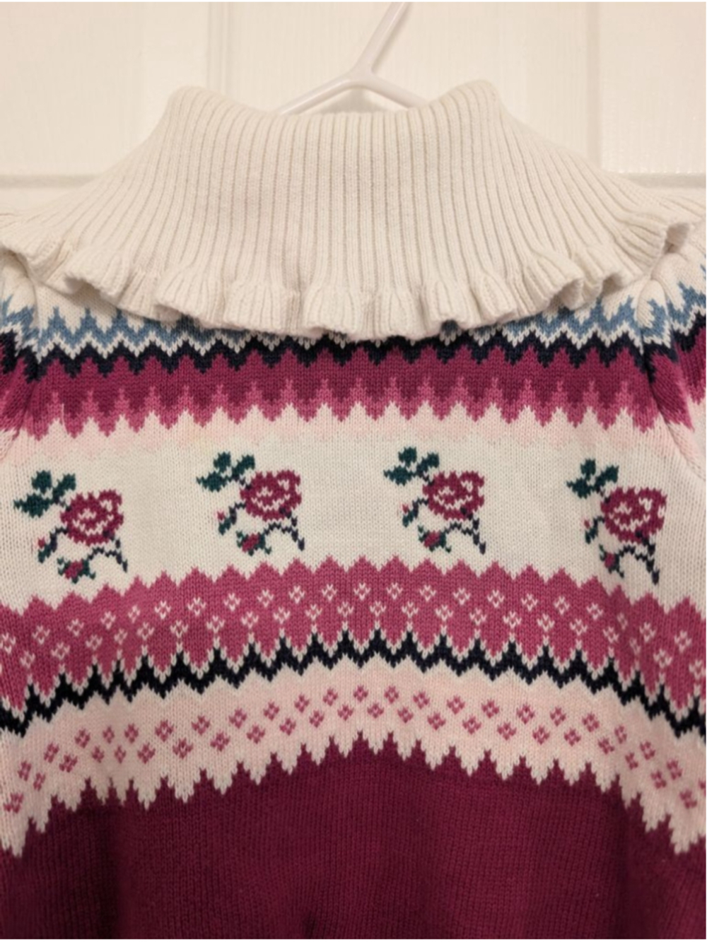 Girls Janie and Jack Maroon & White Fair Isle Sweater 3T Ruffle Bib Turtleneck - Picture 2 of 6
